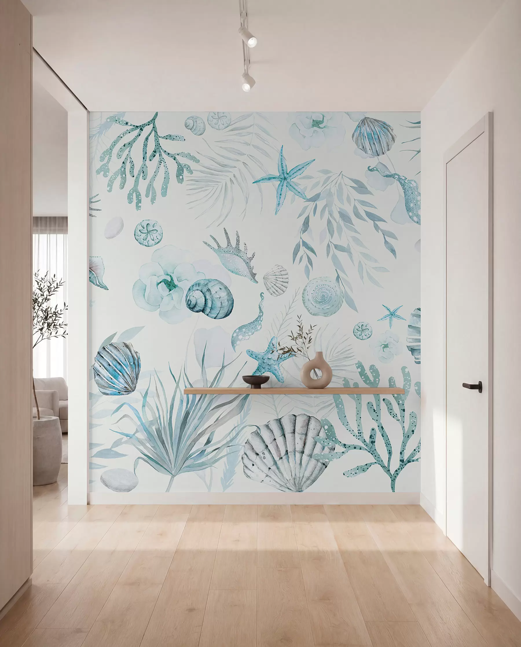 wall murals Watercolor marine pattern, boho style, seashells, corals, cotton, blue colors w00851v1