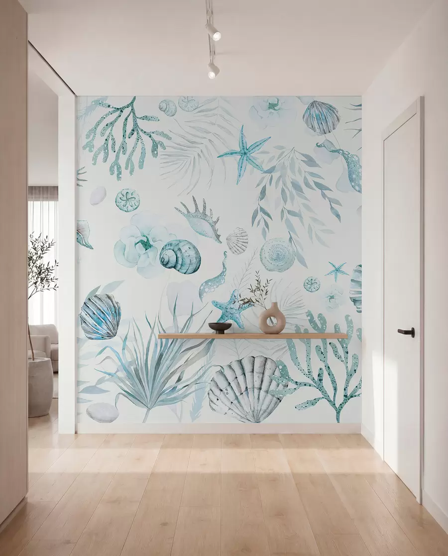 wall murals Watercolor marine pattern, boho style, seashells, corals, cotton, blue colors w00851v1