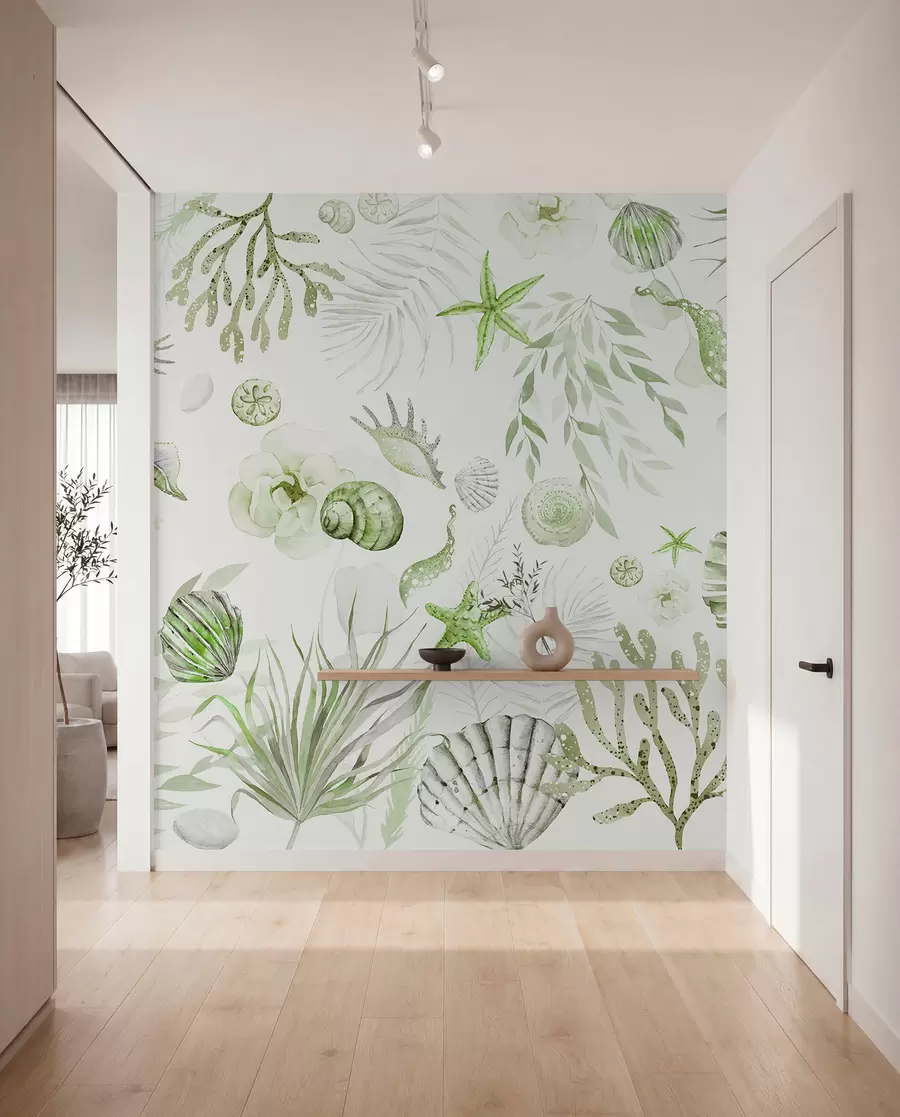wall murals Watercolor marine pattern, boho style, seashells, corals, cotton, green colors w00851v2