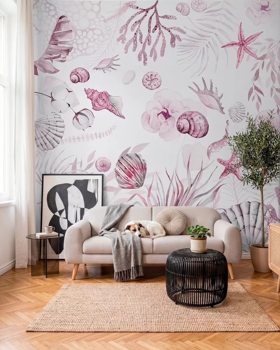 wall murals Watercolor marine pattern, boho style, seashells, corals, cotton, pink colors w00851v3