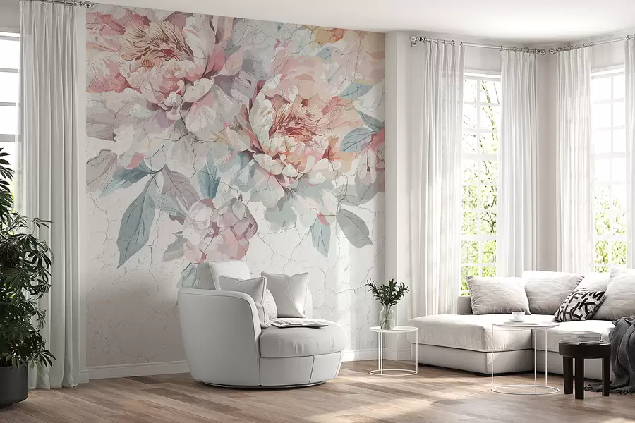 wall murals A bouquet of large, soft pastel pink and white peony flowers with green leaves against a light background w00896