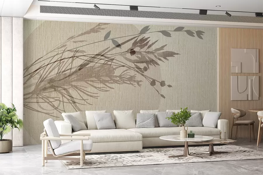 wall murals A minimalist  illustration of a circular shape with abstract plant-like elements in muted earth tones w00902