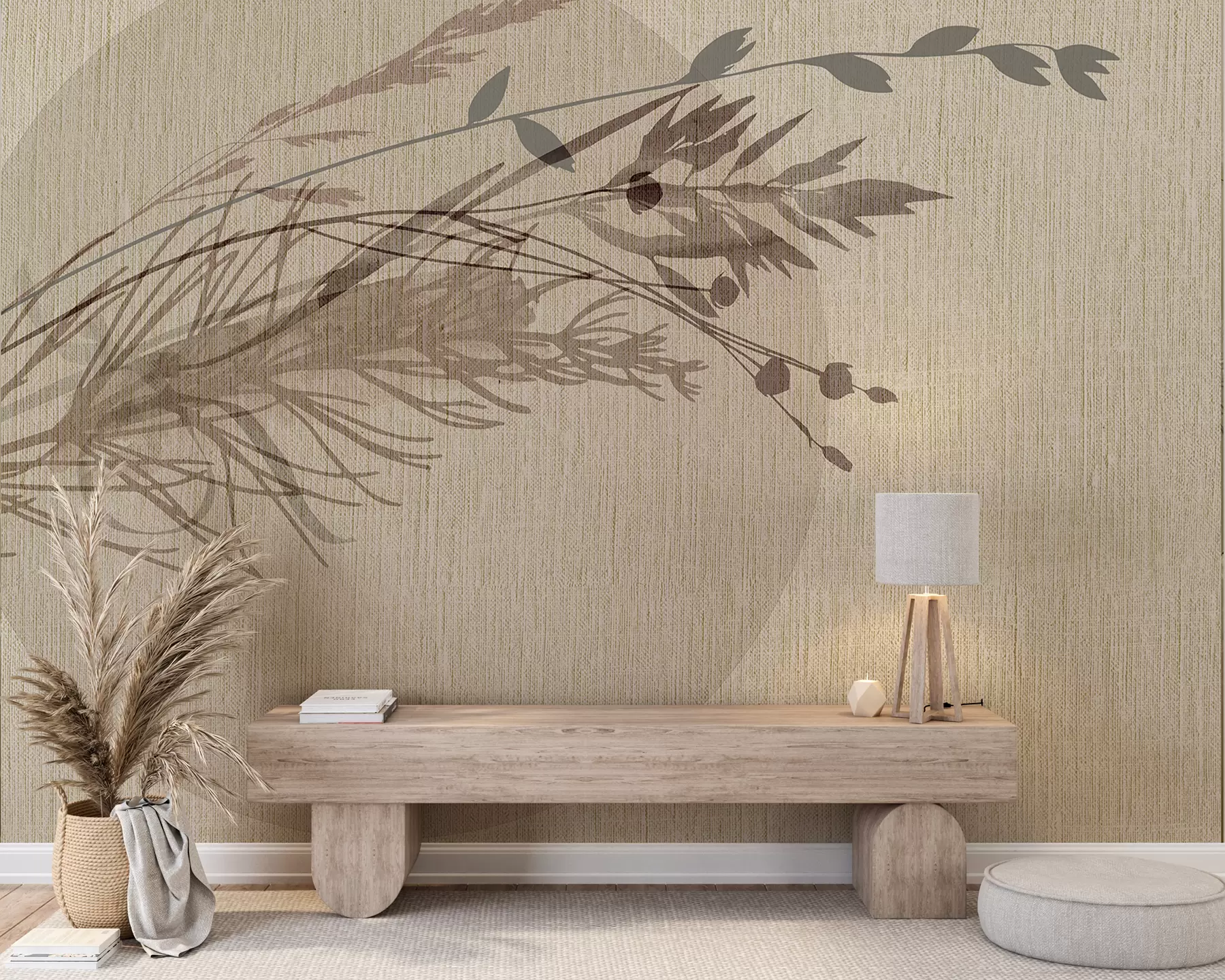 wall murals A minimalist  illustration of a circular shape with abstract plant-like elements in muted earth tones w00902