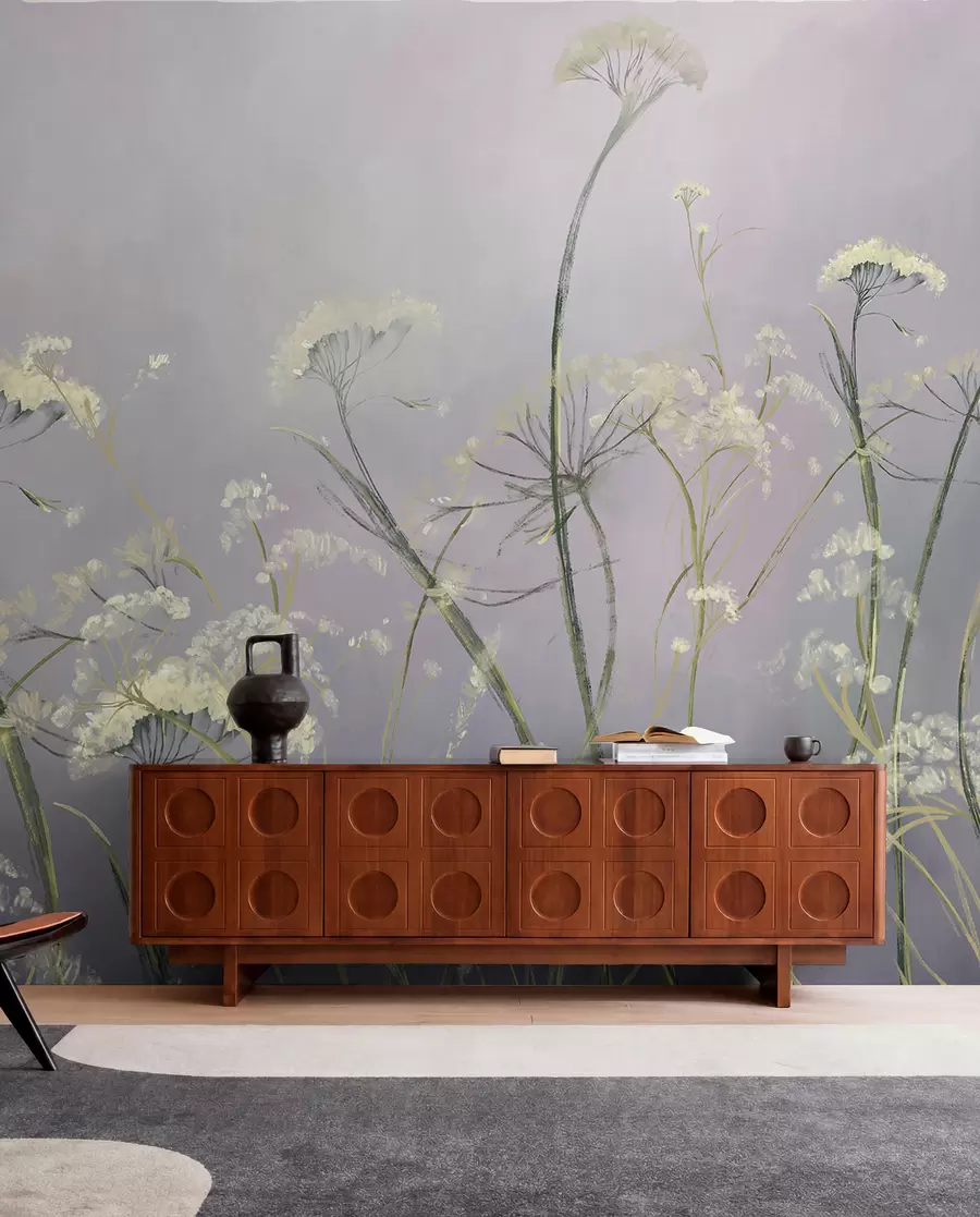 wall murals White wildflowers in a misty field with soft, blurred gray background w00903