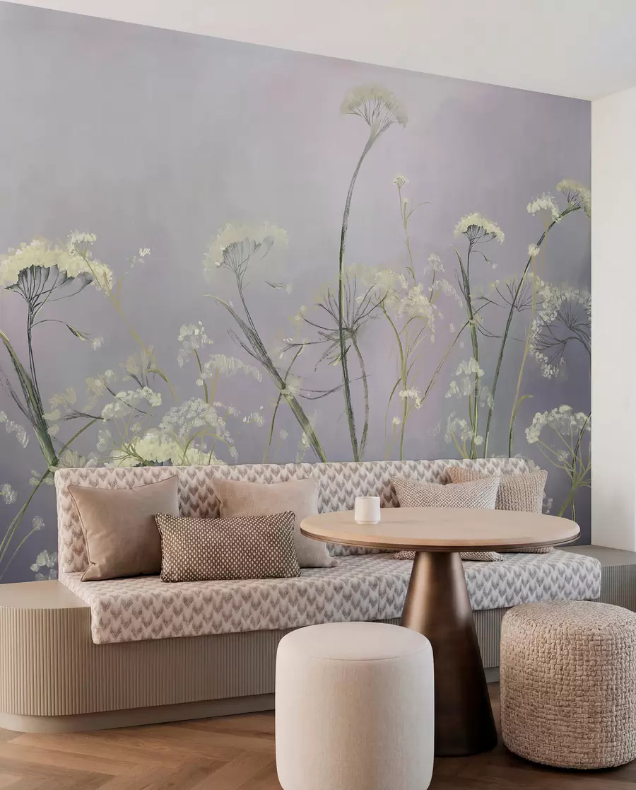 wall murals White wildflowers in a misty field with soft, blurred gray background w00903