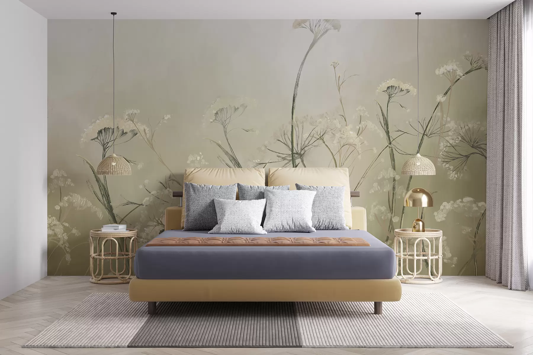 wall murals White wildflowers in a misty field with soft, blurred sepia background w00903v1