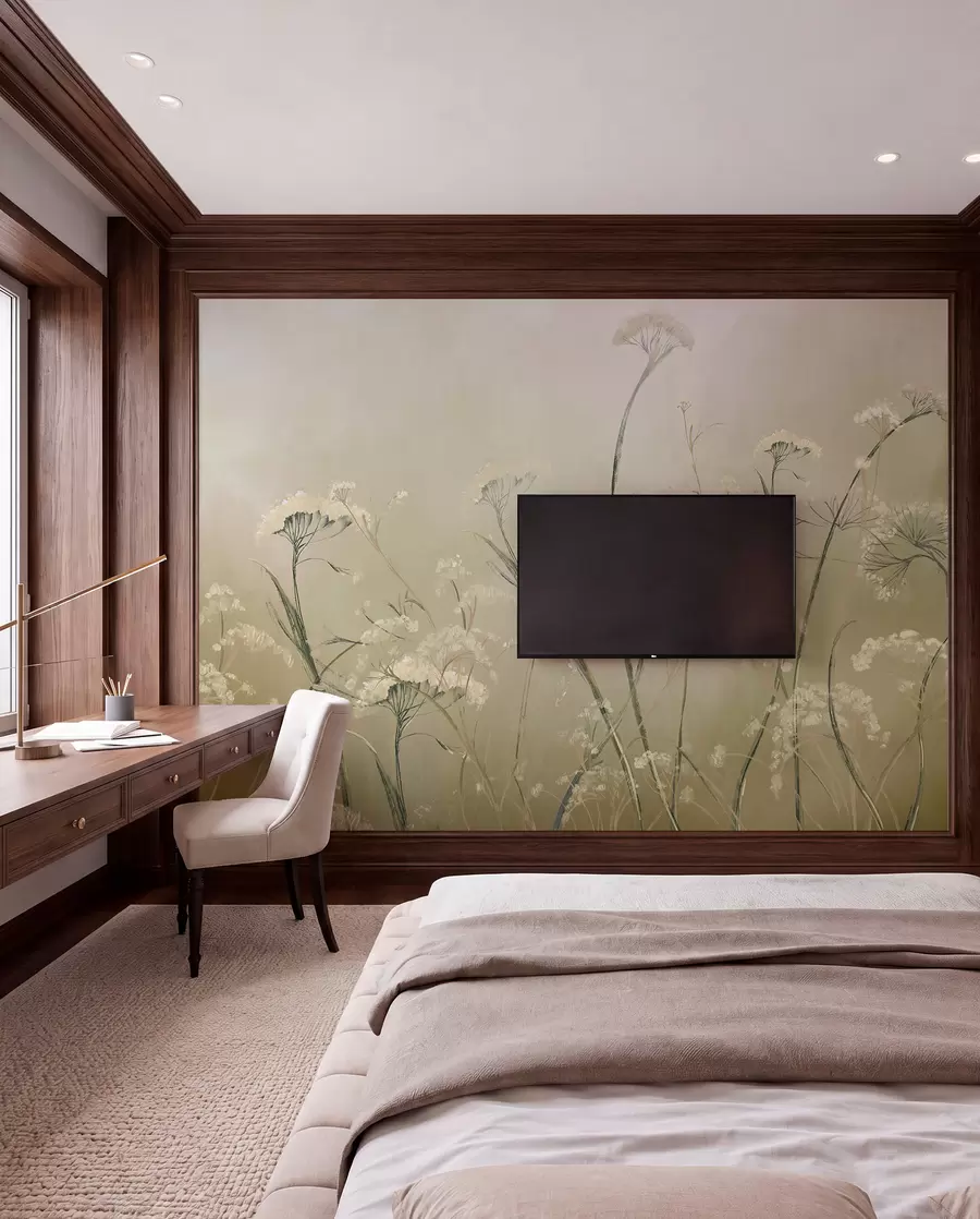 wall murals White wildflowers in a misty field with soft, blurred sepia background w00903v1