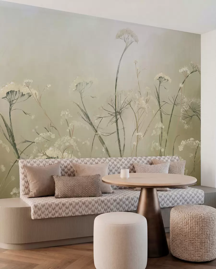 wall murals White wildflowers in a misty field with soft, blurred sepia background w00903v1