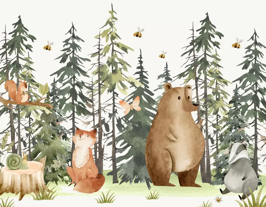 wall murals A forest scene with animals and various pine trees in the background w00905