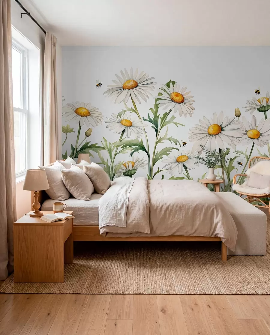 wall murals White daisies blooming, bees flying watercolor plant illustration, green, white, yellow color w01176