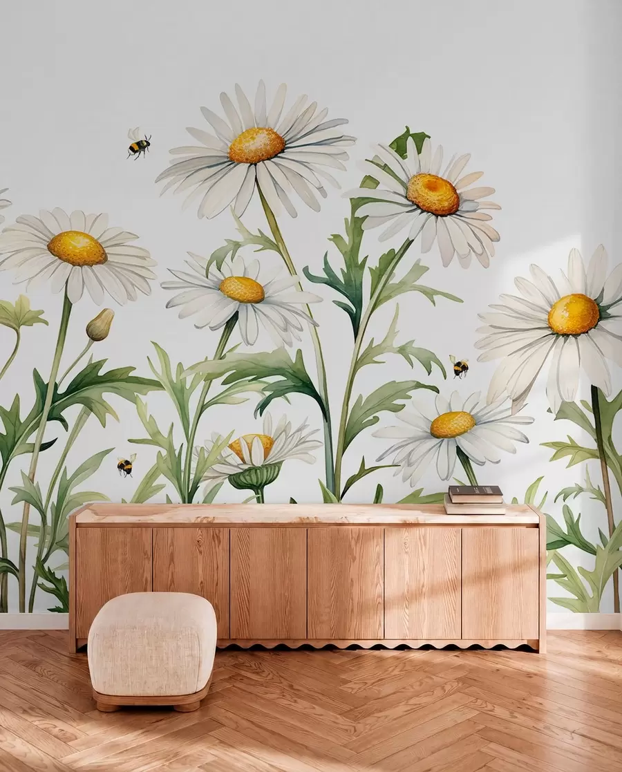 wall murals White daisies blooming, bees flying watercolor plant illustration, green, white, yellow color w01176