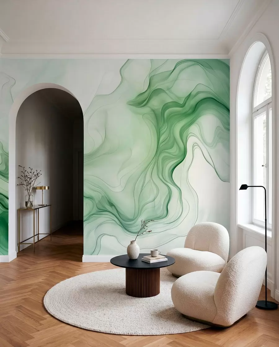 wall murals Green abstract waves on a light background w01185