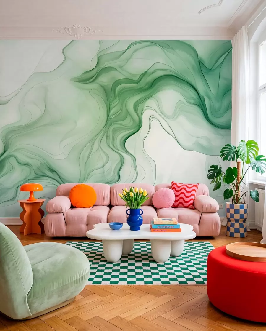 wall murals Panoramic green abstract waves on a light background w01185d1