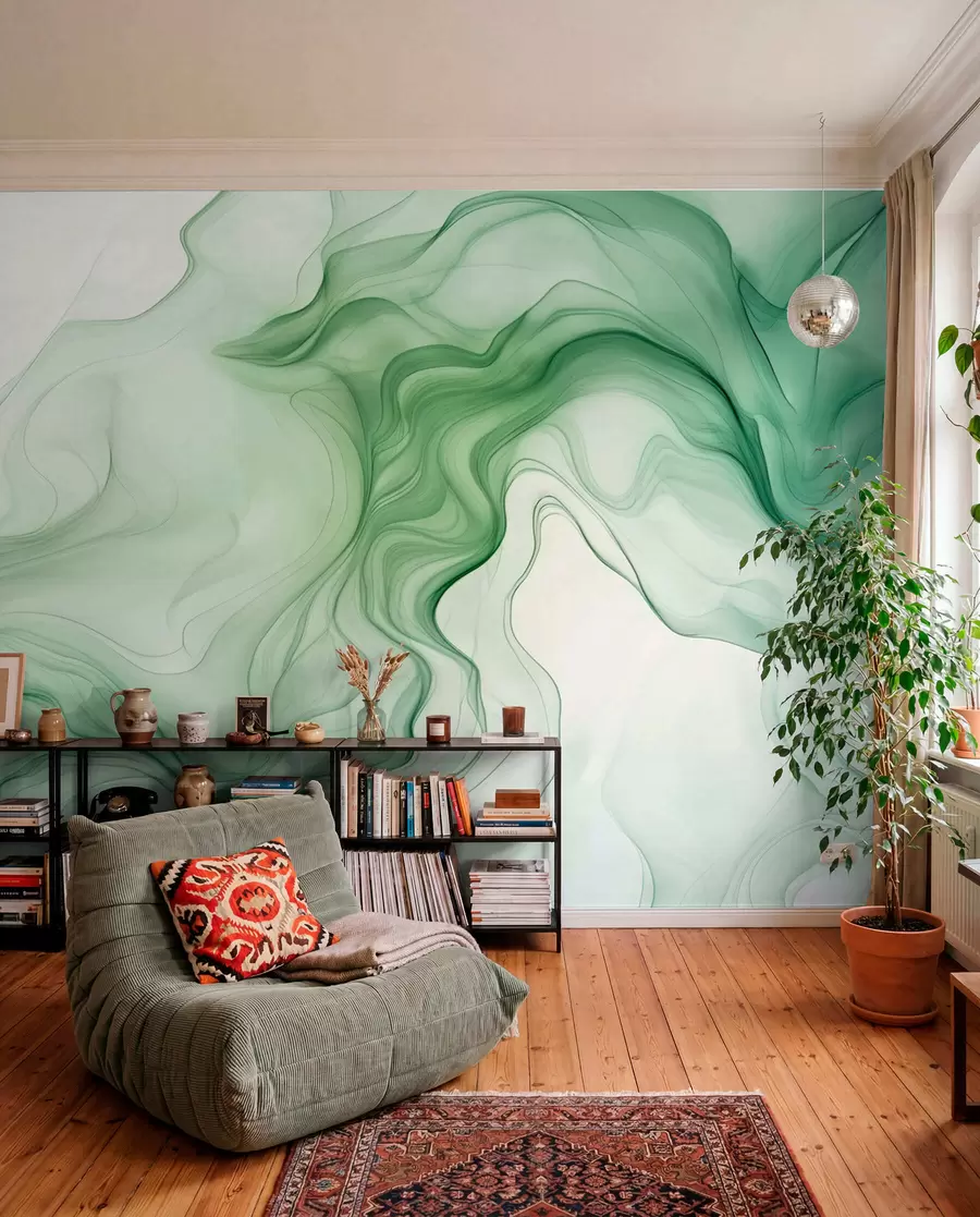 wall murals Panoramic green abstract waves on a light background w01185d1
