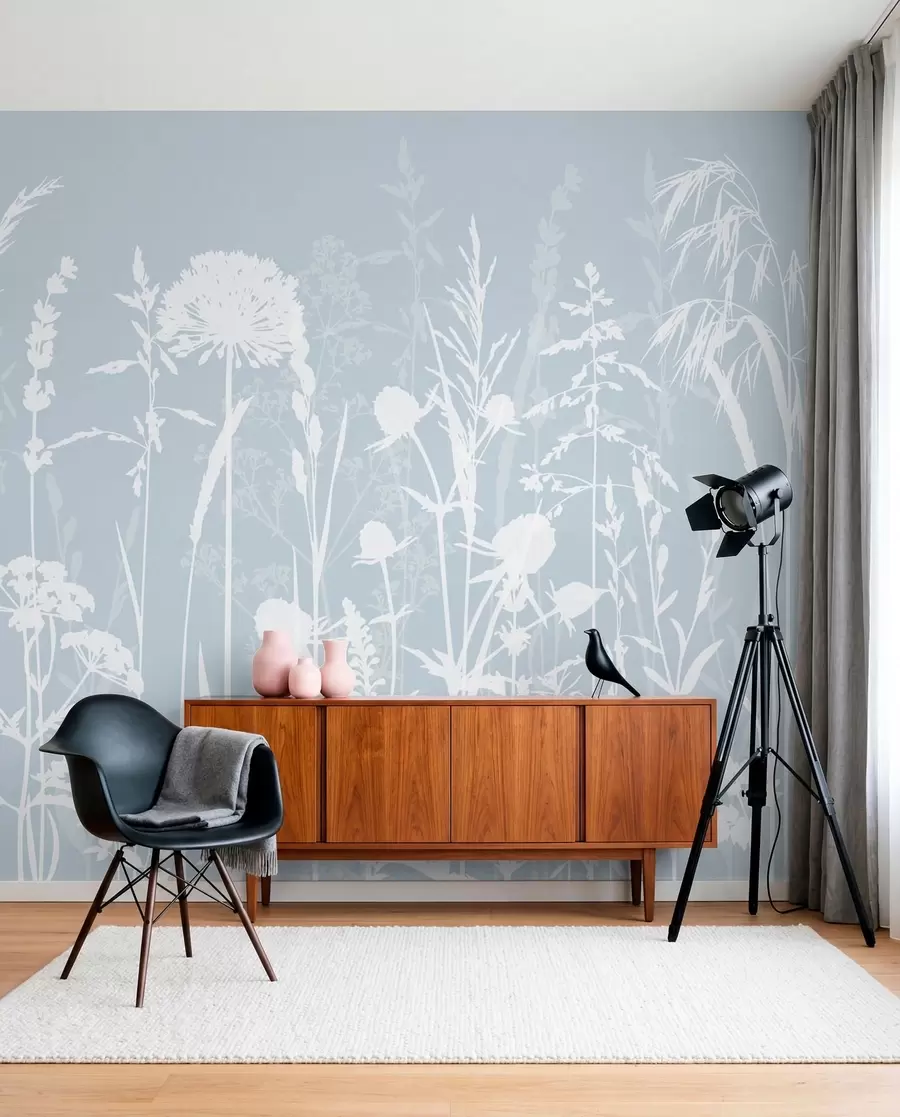 wall murals Gentle field plants and flowers minimalism gray color w01270v4