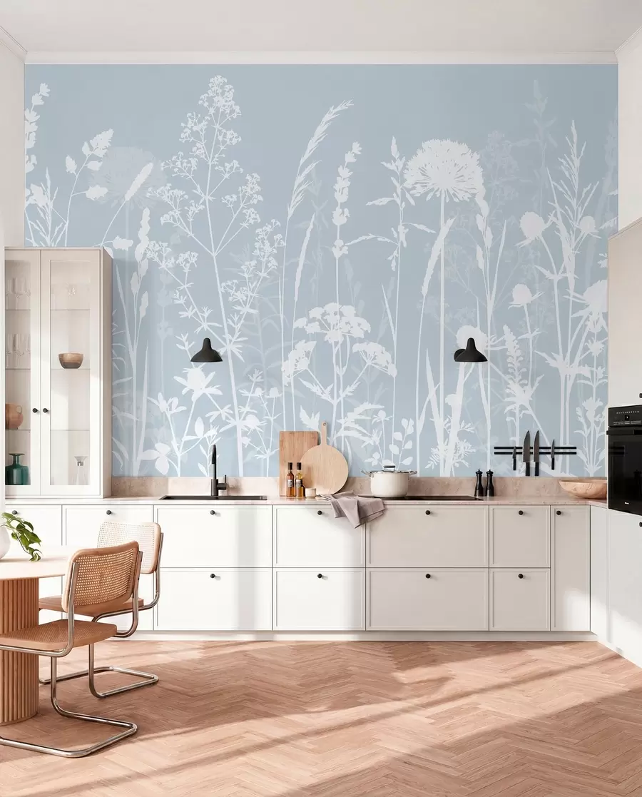 wall murals Gentle field plants and flowers minimalism gray color w01270v4
