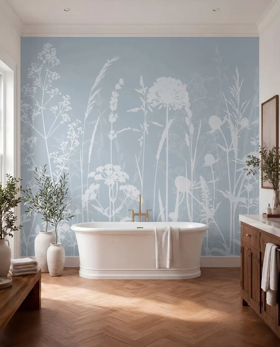 wall murals Gentle field plants and flowers minimalism gray color w01270v4