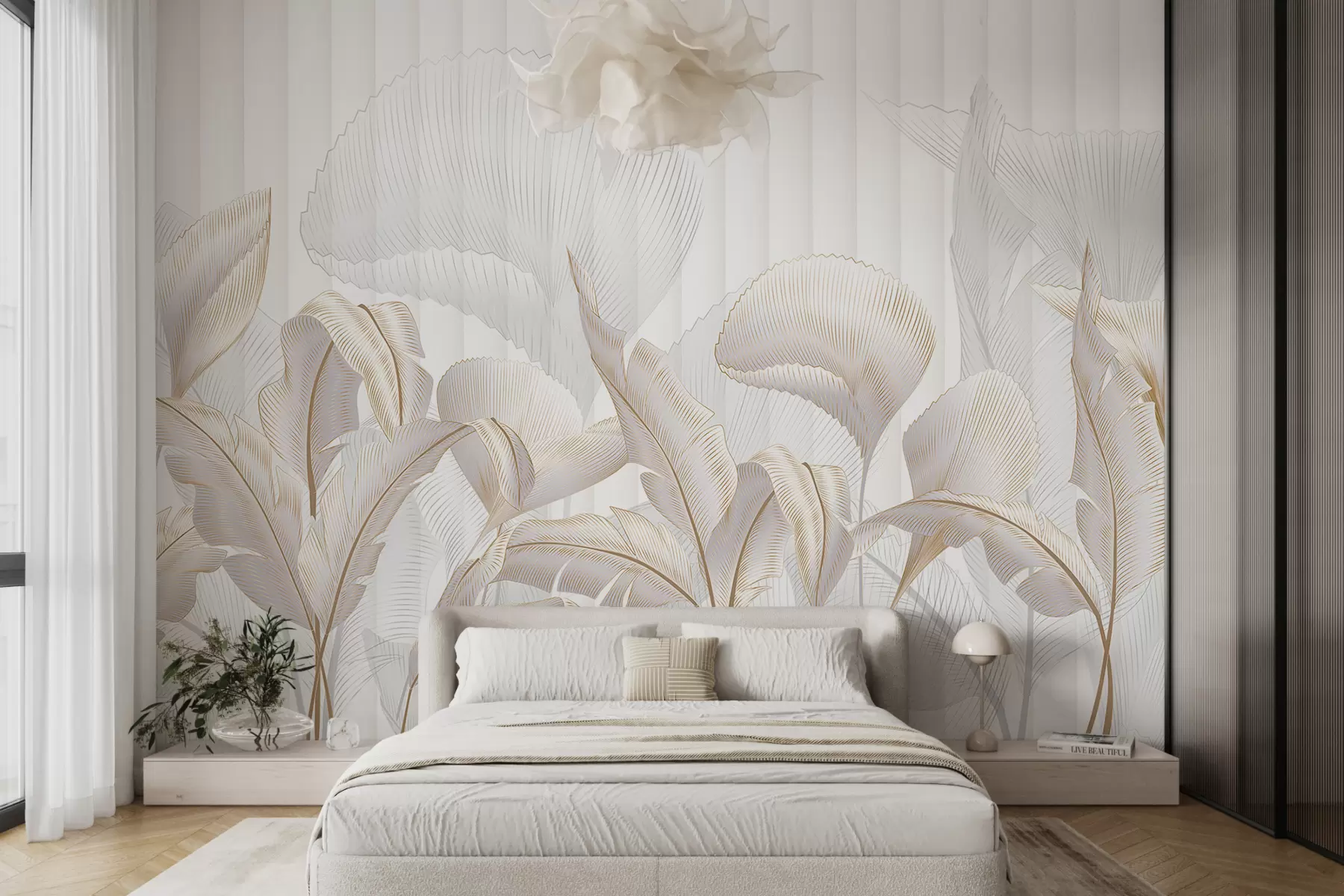wall murals A close-up view of tropical leaves against a white background, with textured background w01237