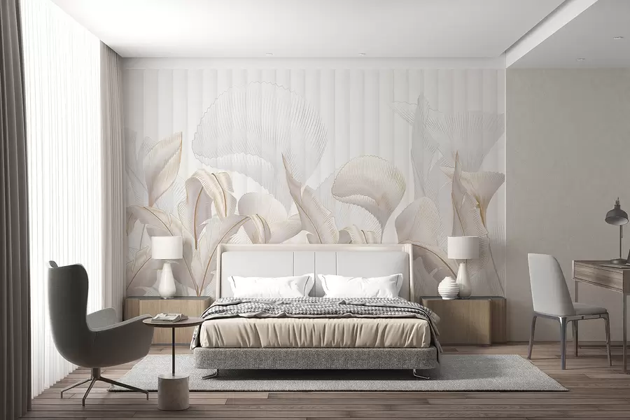 wall murals A close-up view of tropical leaves against a white background, with textured background w01237