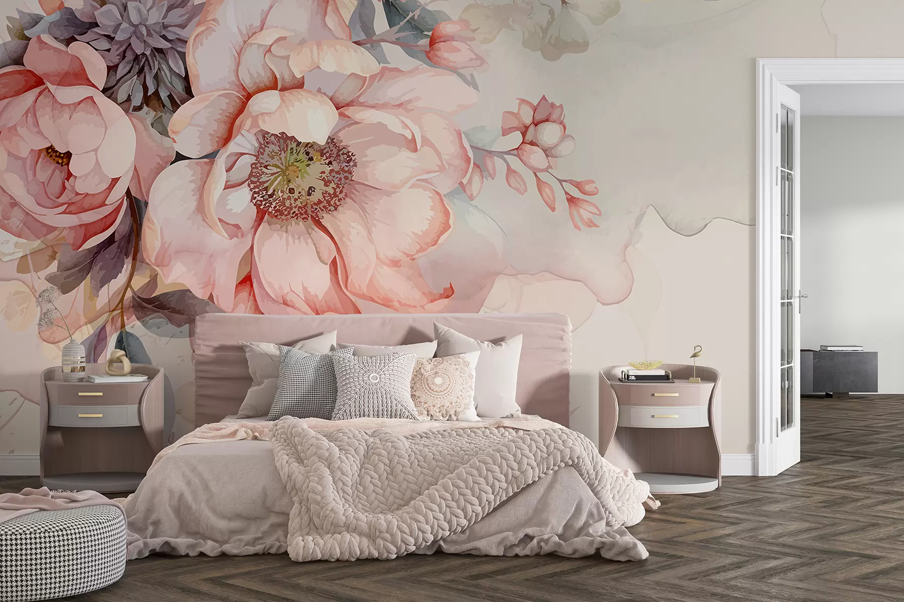 wall murals Watercolor pink peonies with delicate petals, surrounded by lush pastel greenery and other flowers w01245