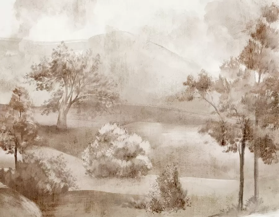 wall murals Landscape painting of a misty countryside scene surrounded by lush trees and foliage in shades of brown w01247