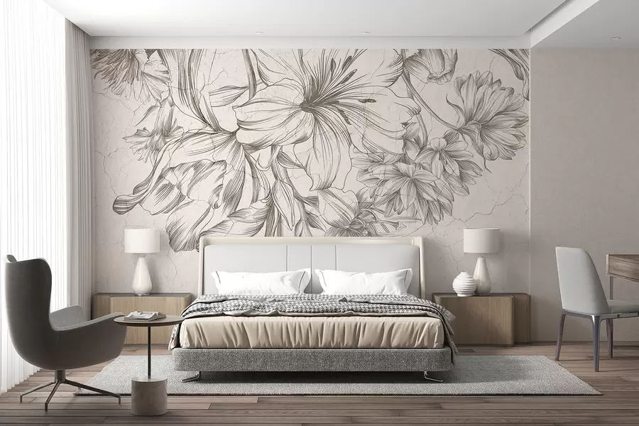 wall murals A black and white sketch grawing of large flowers graphic print w01253
