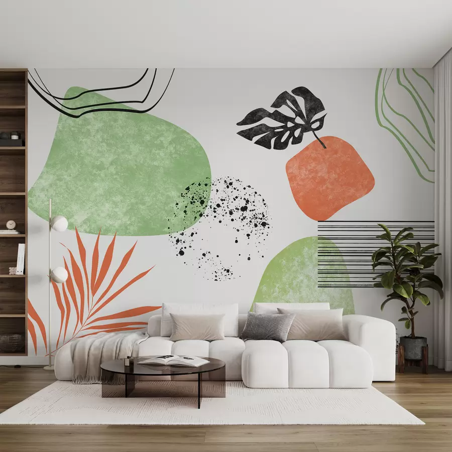 wall murals Boho abstraction, texture stains, curved lines, tropical leaves, ink stains, black, green and red color w01298