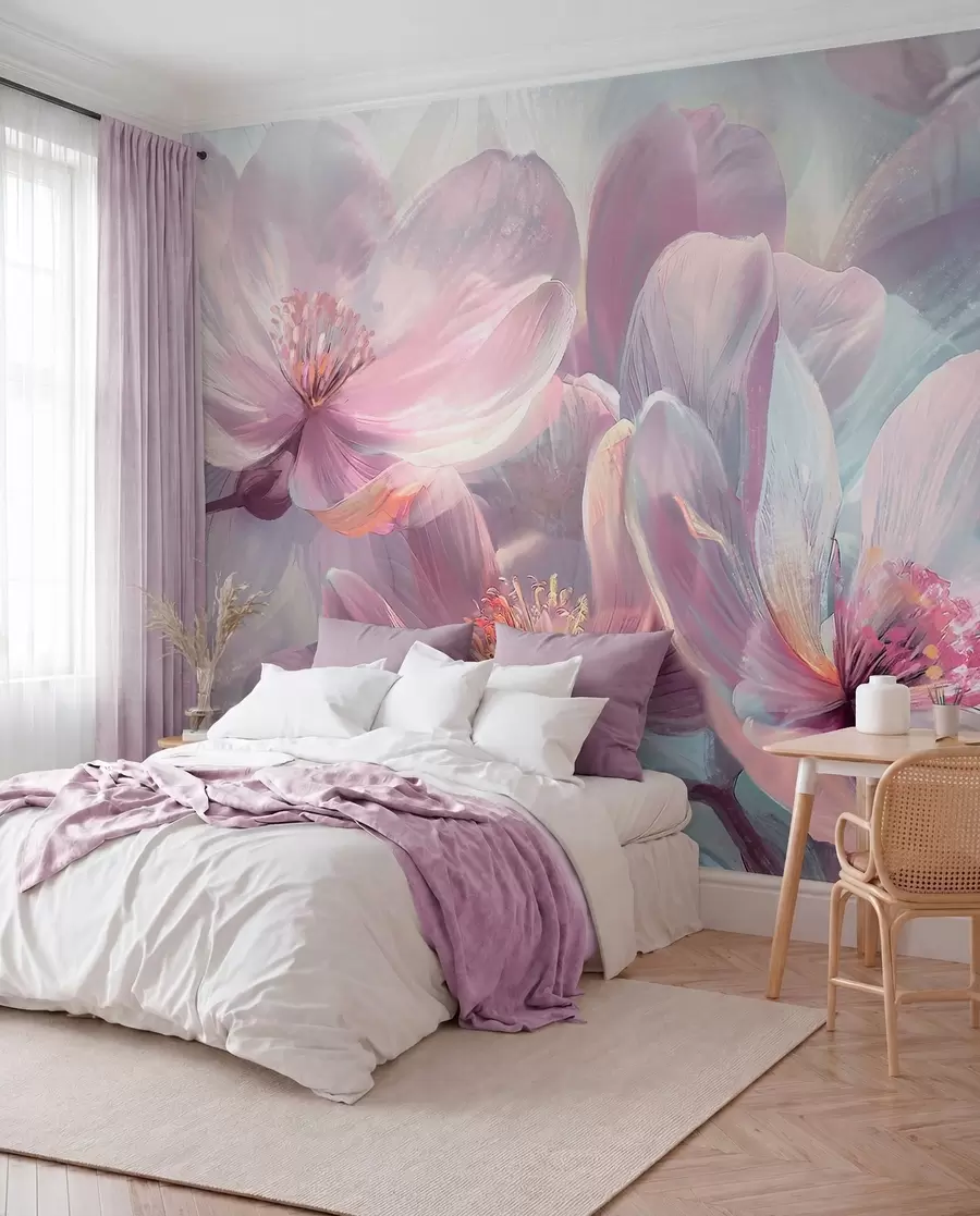 wall murals Delicate transparent pastel neon light pink and white flowers with soft, blurred background w01307