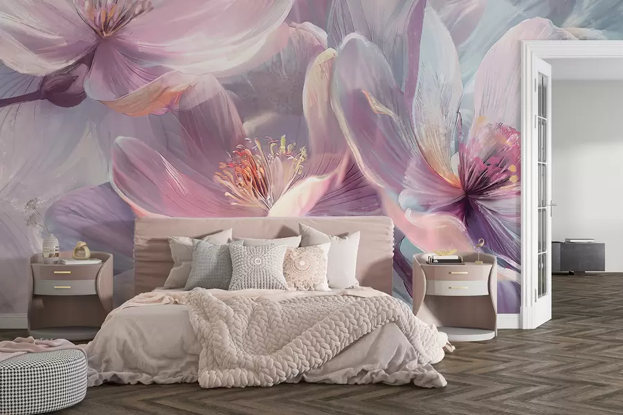 wall murals Delicate transparent pastel neon light pink and white flowers with soft, blurred background w01307
