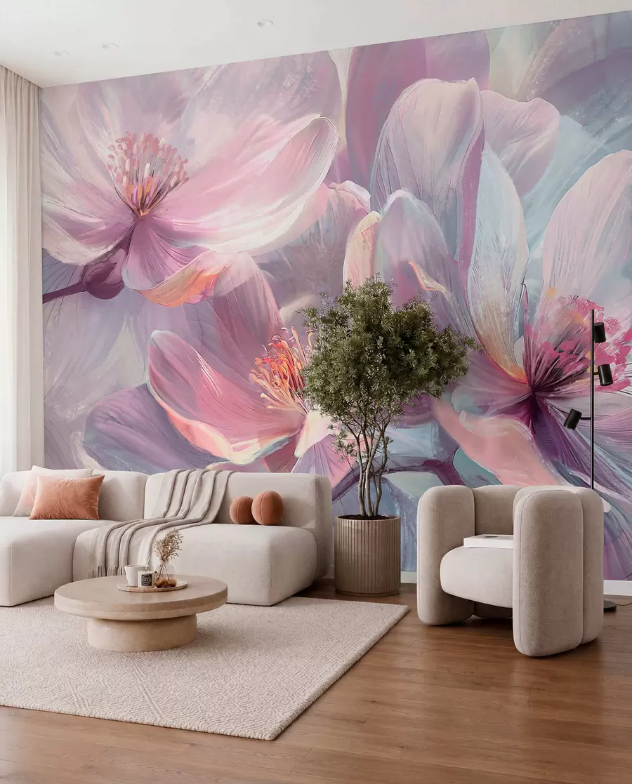 wall murals Delicate transparent pastel neon light pink and white flowers with soft, blurred background w01307