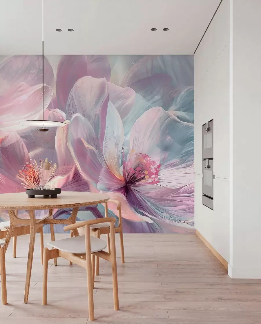 wall murals Delicate transparent pastel neon light pink and white flowers with soft, blurred background w01307