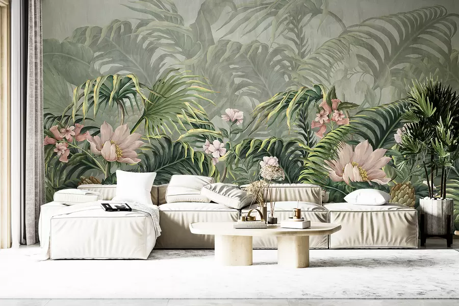 wall murals A lush tropical jungle green palm leaves and ferns in the foreground with flowers w01309