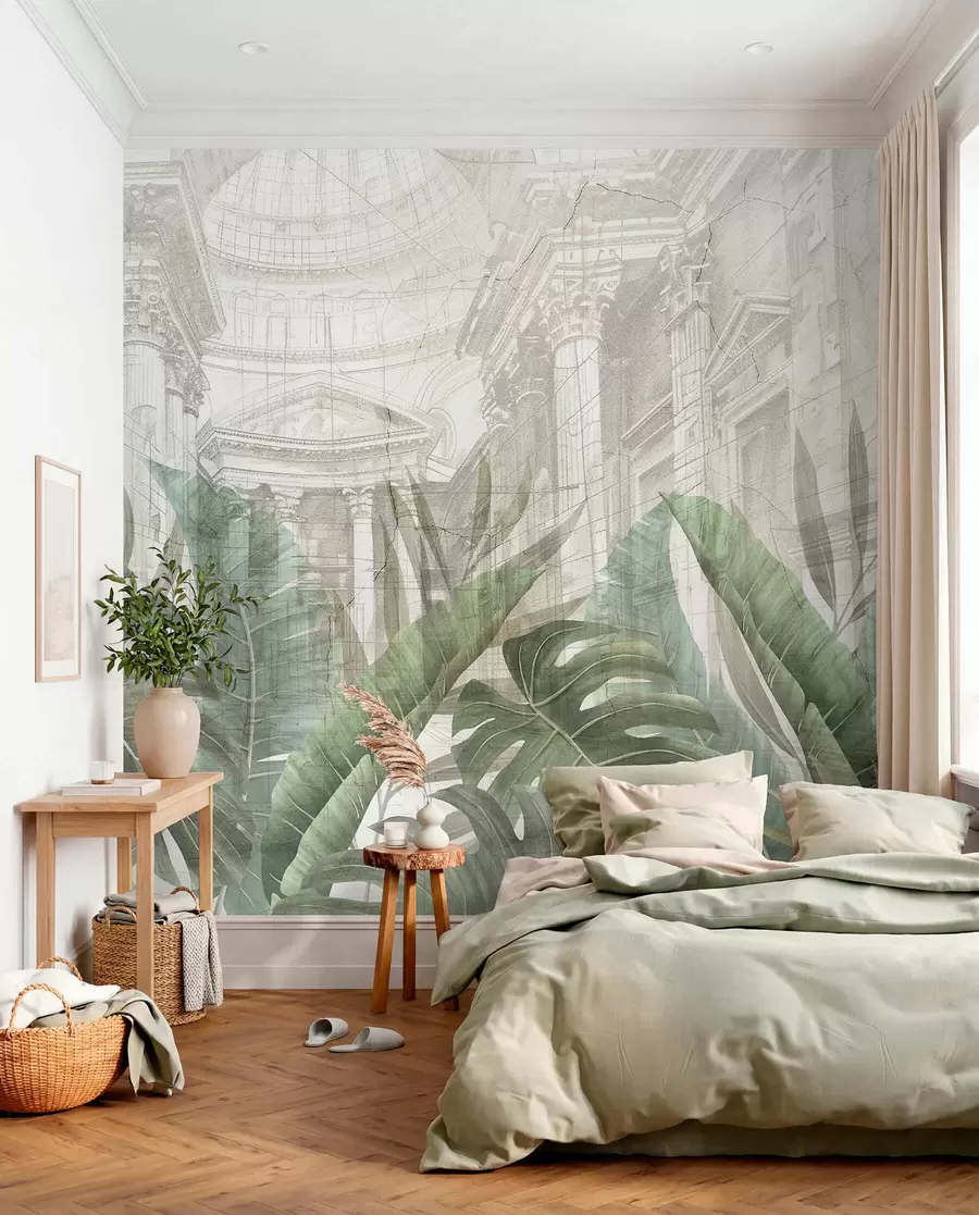 wall murals A grand drawing ornate architectural marble columns, and lush tropical green plants w01311