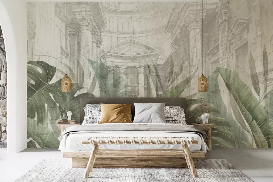 wall murals A grand drawing ornate architectural marble columns, and lush tropical green plants w01311