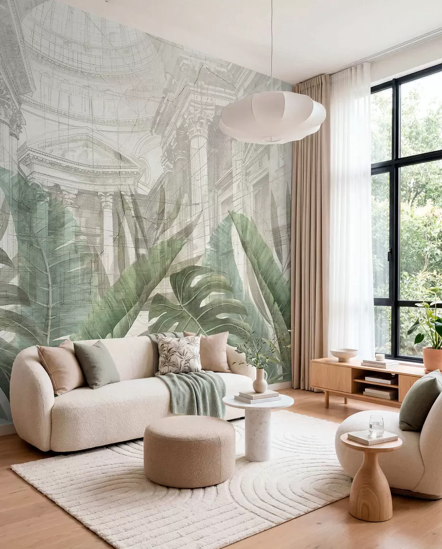 wall murals A grand drawing ornate architectural marble columns, and lush tropical green plants w01311