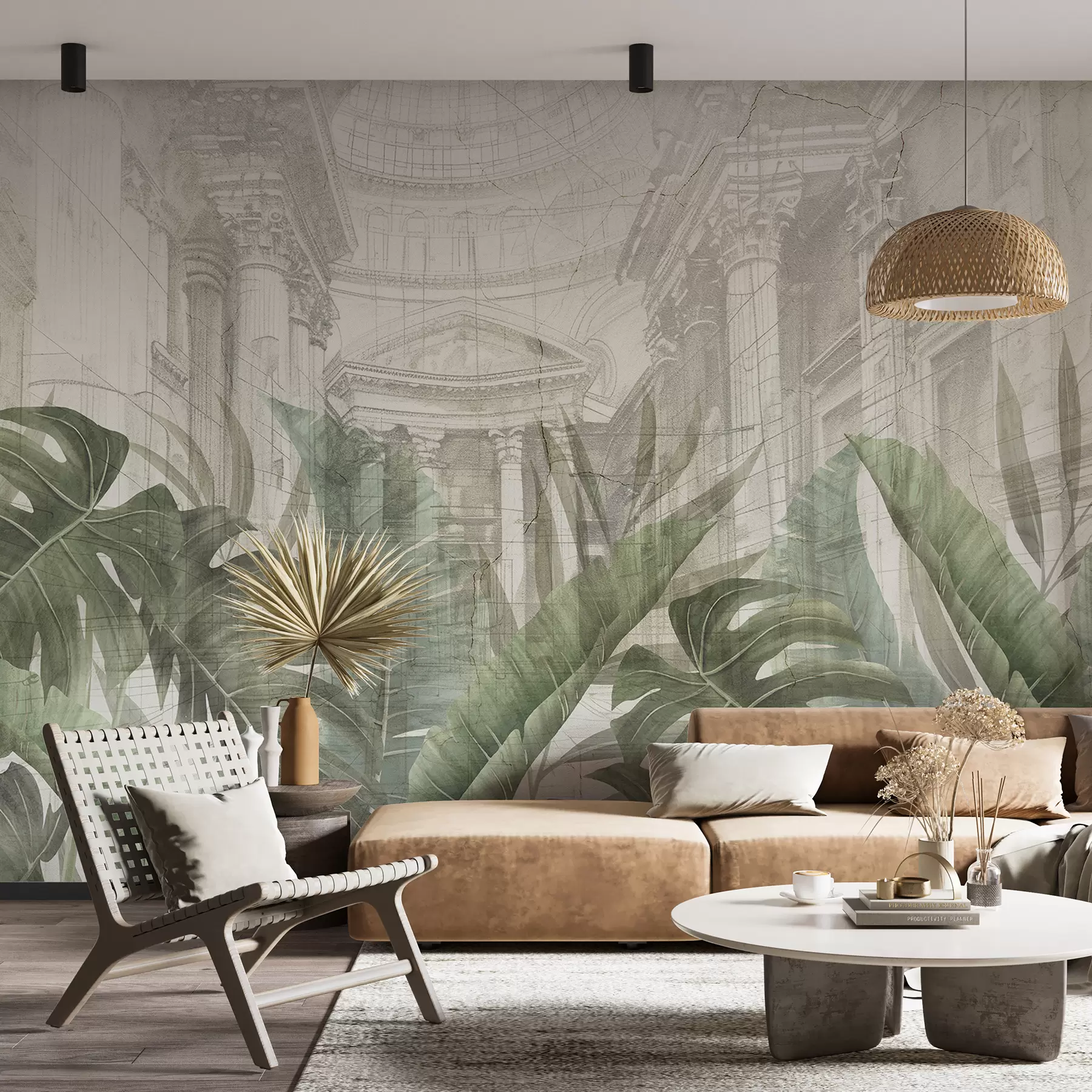 wall murals A grand drawing ornate architectural marble columns, and lush tropical green plants w01311