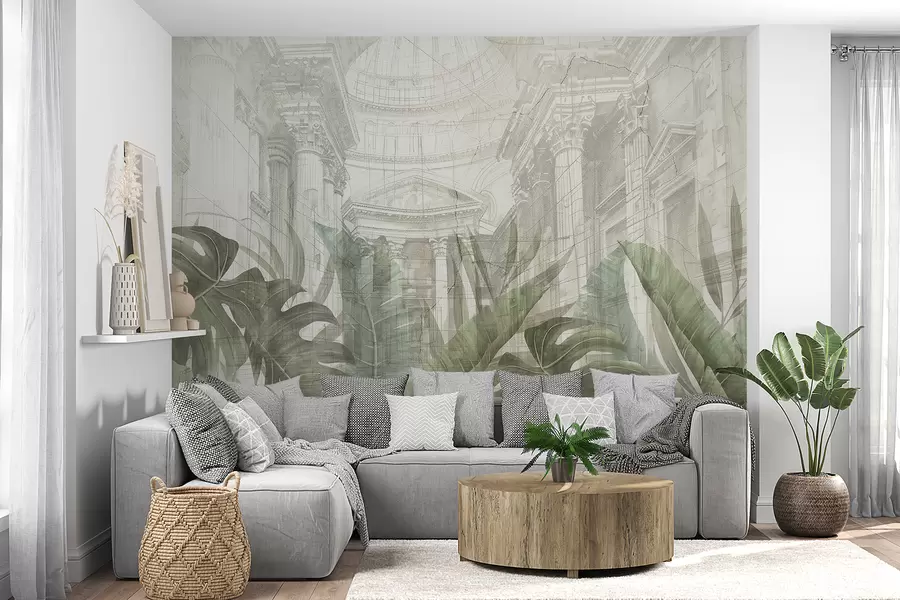 wall murals A grand drawing ornate architectural marble columns, and lush tropical green plants w01311