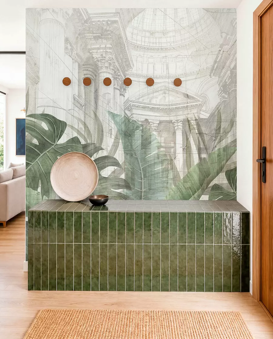 wall murals A grand drawing ornate architectural marble columns, and lush tropical green plants w01311