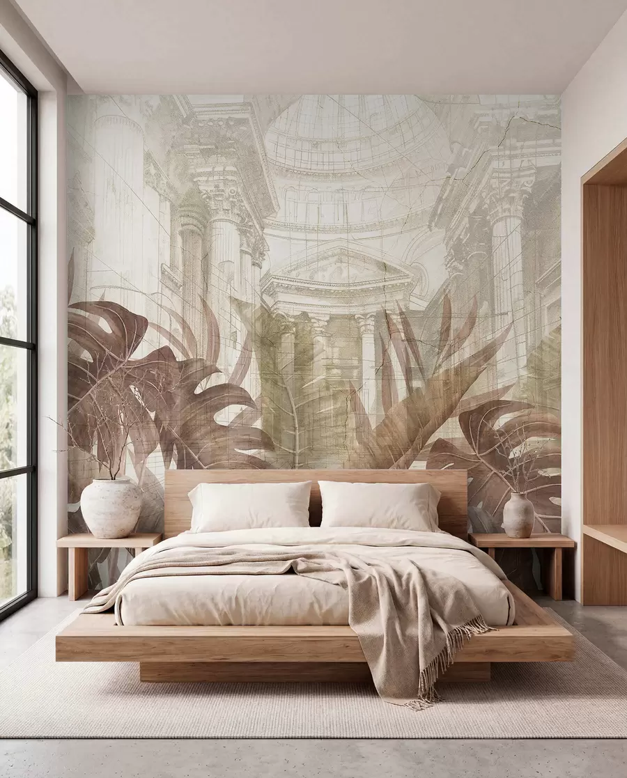 wall murals A grand drawing ornate architectural marble columns, and lush tropical sepia plants w01311v1