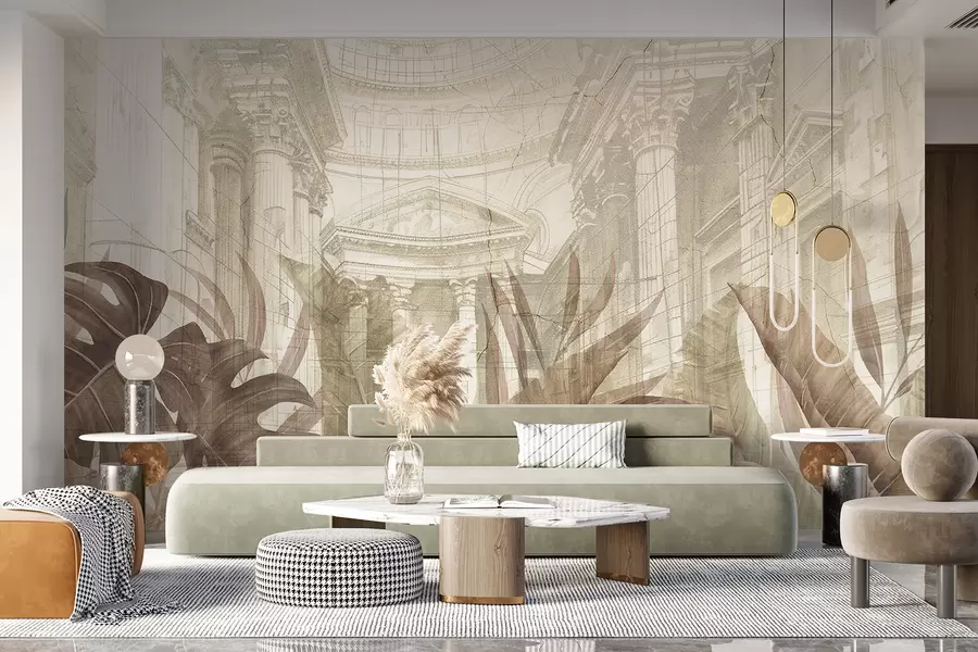 wall murals A grand drawing ornate architectural marble columns, and lush tropical sepia plants w01311v1
