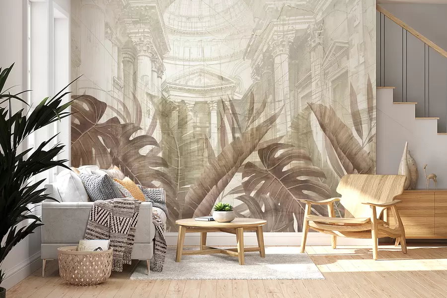 wall murals A grand drawing ornate architectural marble columns, and lush tropical sepia plants w01311v1