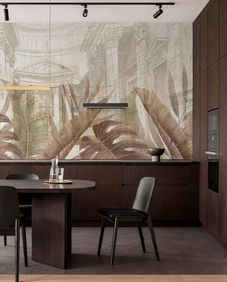 wall murals A grand drawing ornate architectural marble columns, and lush tropical sepia plants w01311v1