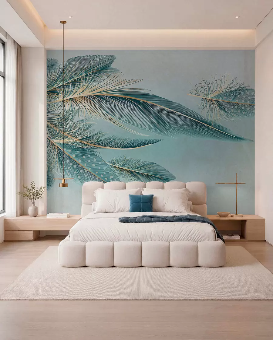 wall murals Delicate feathers in shades of blue w01312