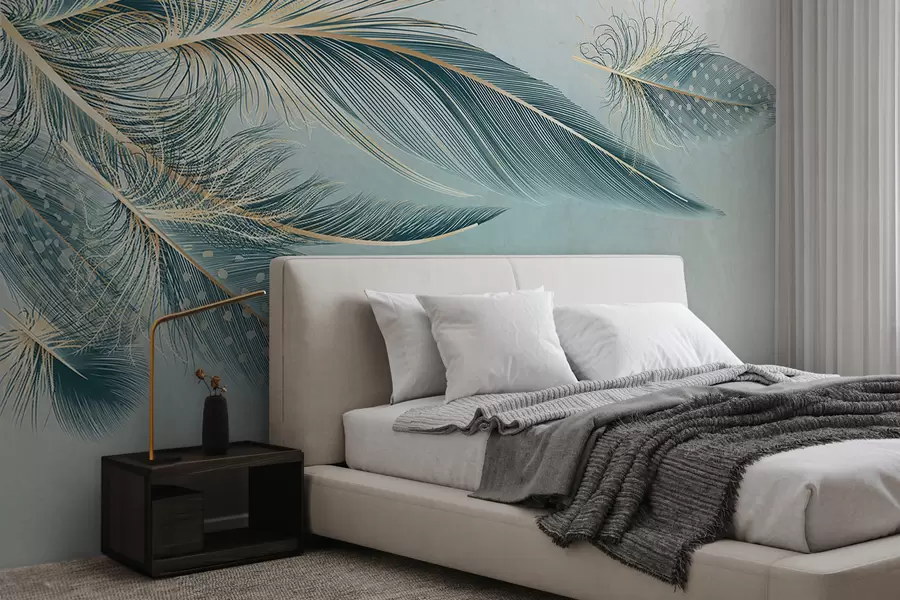 wall murals Delicate feathers in shades of blue w01312