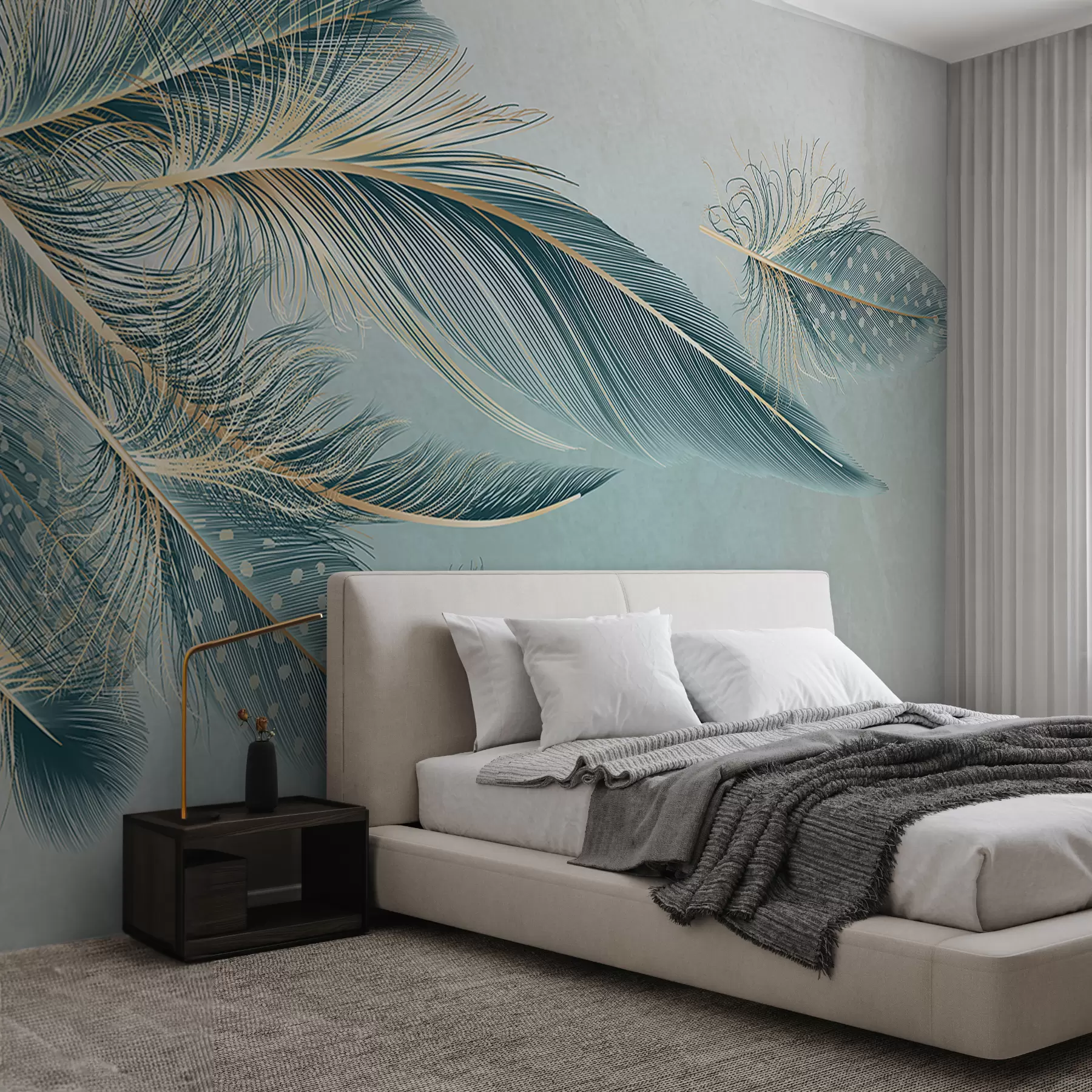 wall murals Delicate feathers in shades of blue w01312