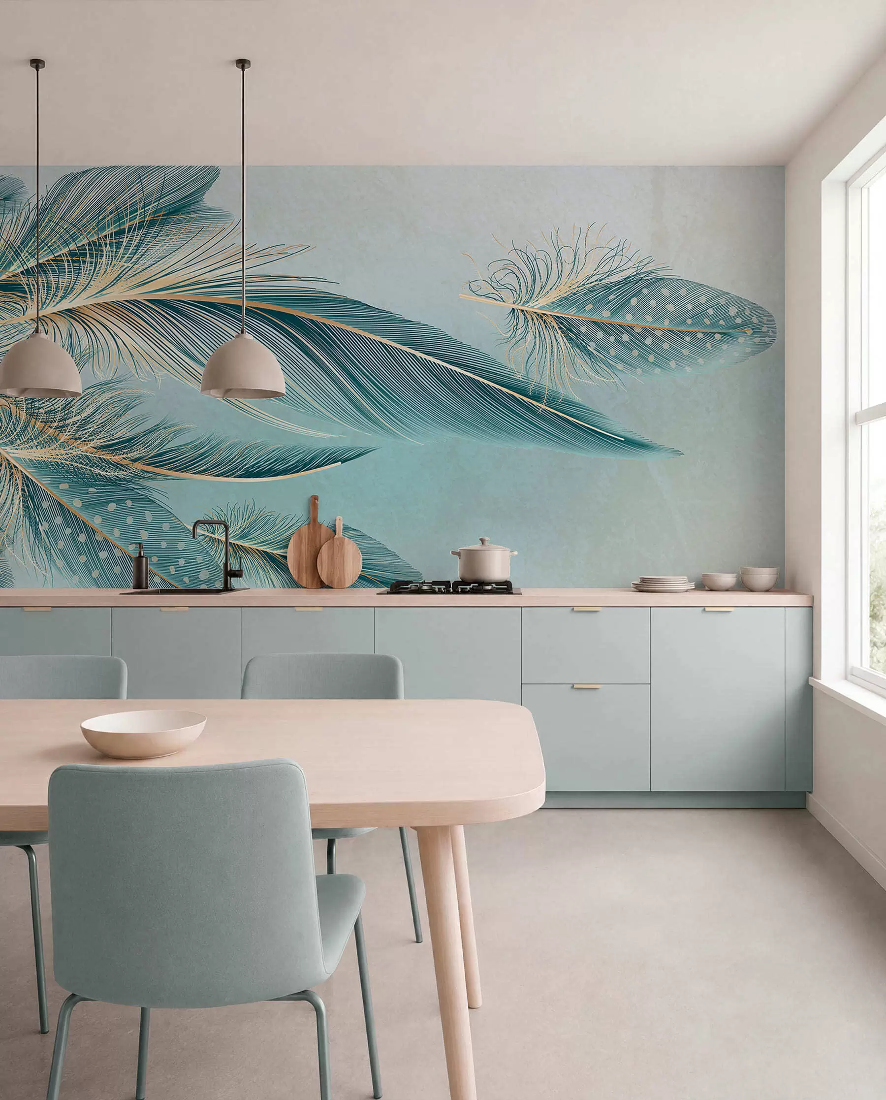wall murals Delicate feathers in shades of blue w01312
