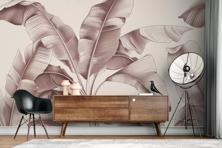 wall murals drawn large banana leaves in pastel pink w07877v1