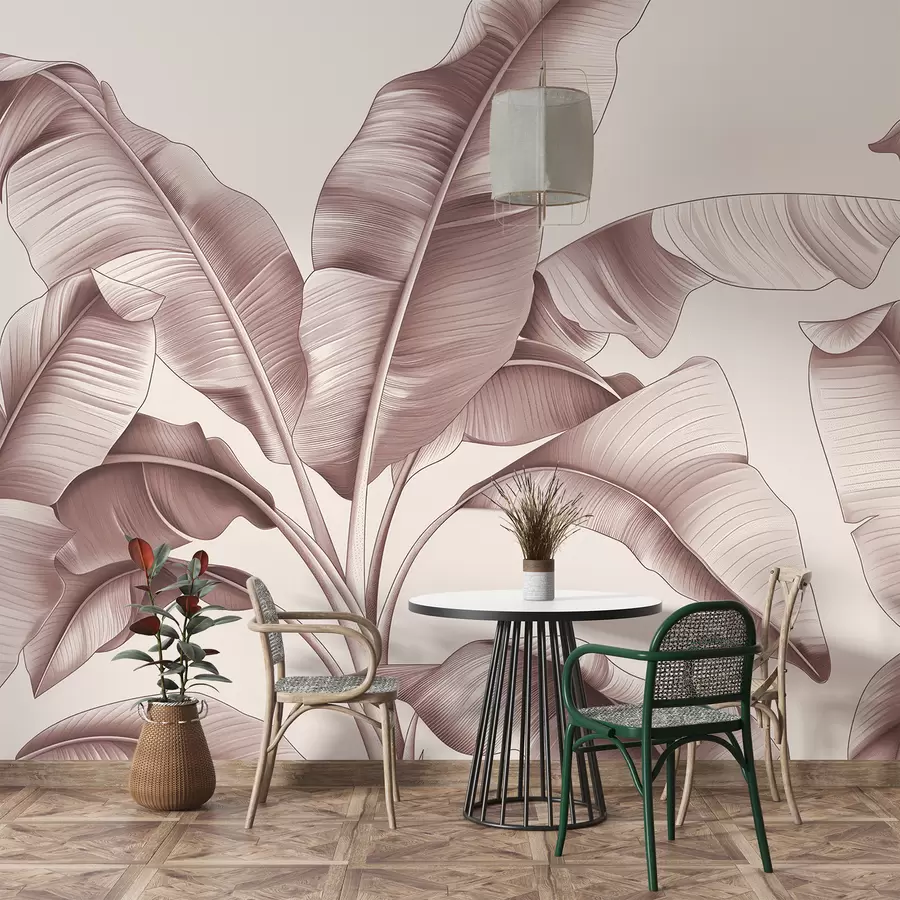 wall murals drawn large banana leaves in pastel pink w07877v1