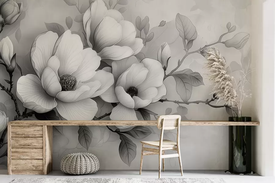 wall murals A black and white illustration of a magnolia on a gray background w01277