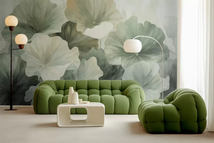 wall murals Large lotus leaves are painted with watercolors w07938v1